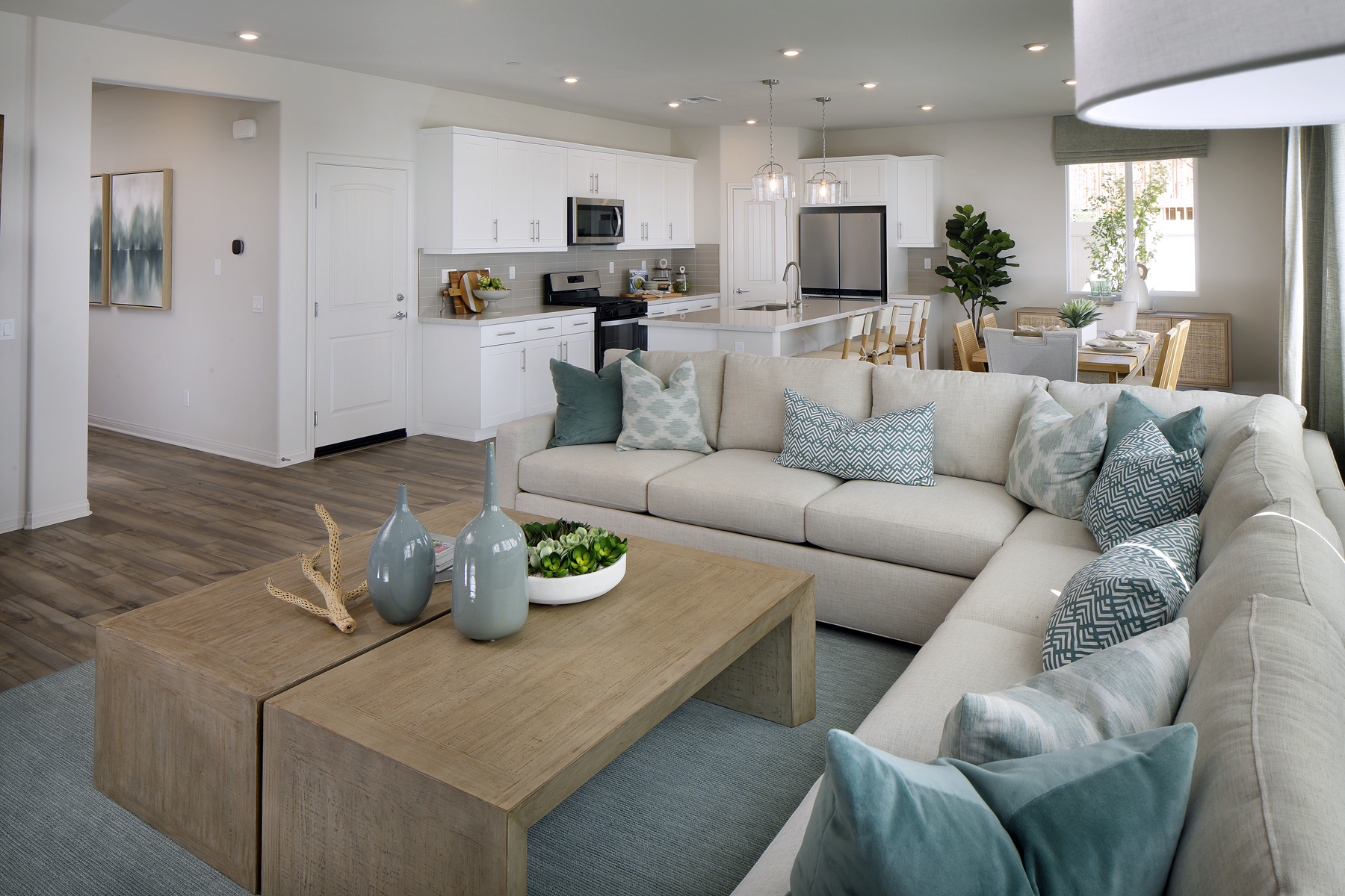 A living room with a couch and a coffee table.