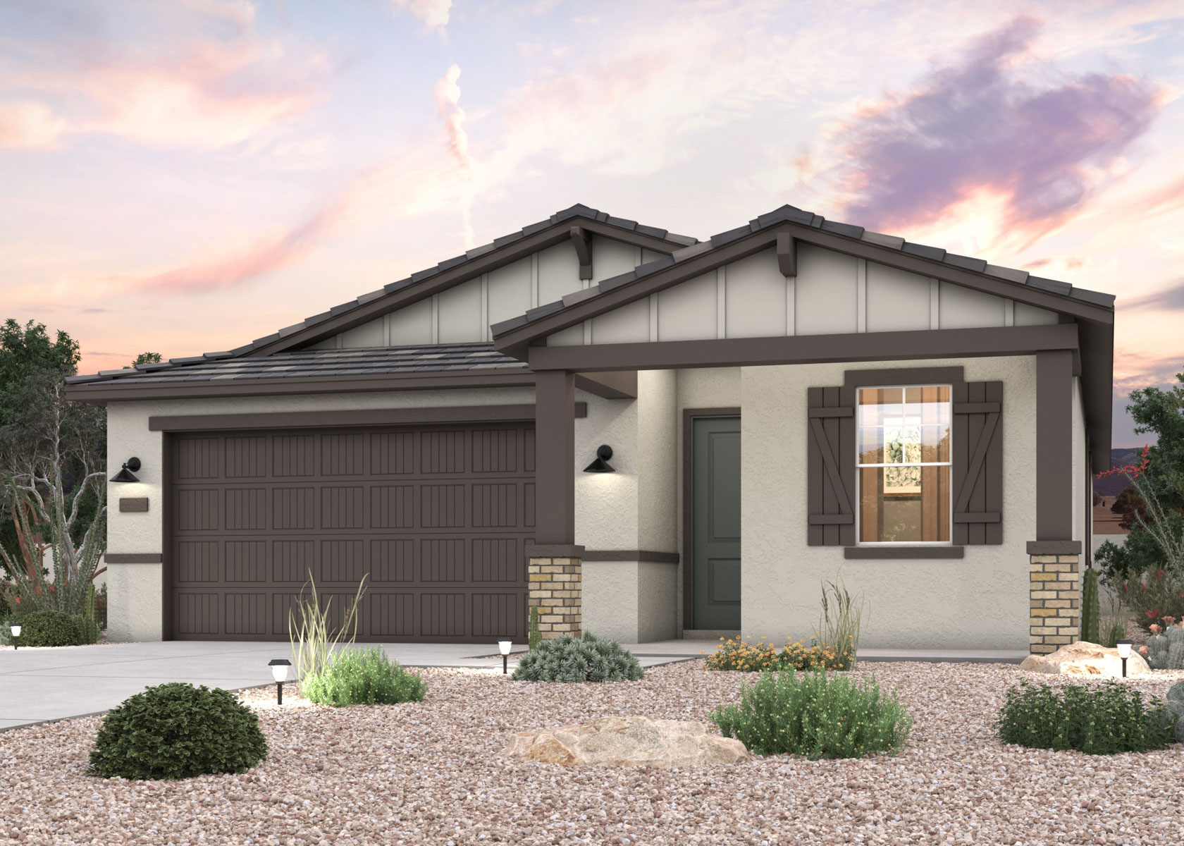 Twilight rendering of a new home for sale in Buckeye, AZ with 2 car garage at Montana Vista by Century Communities.