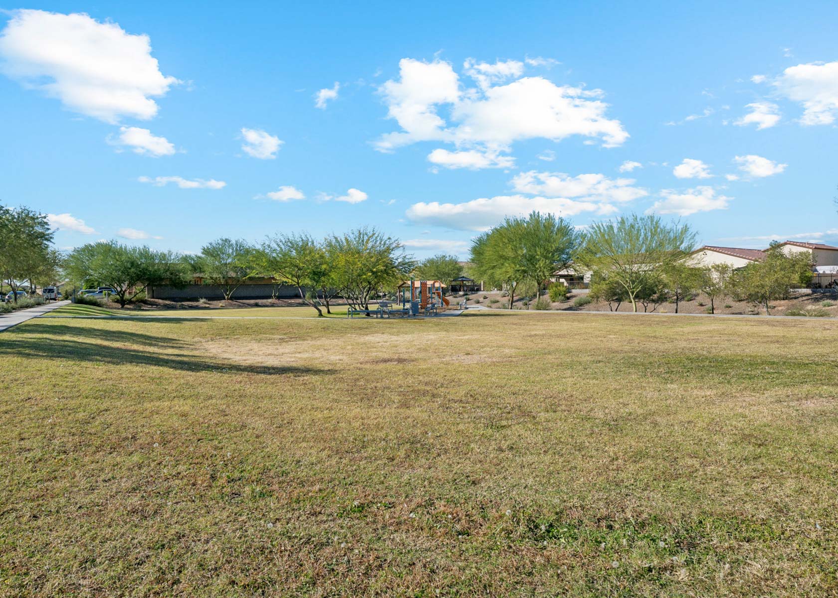 A large grassy field with trees and buildings in the background.