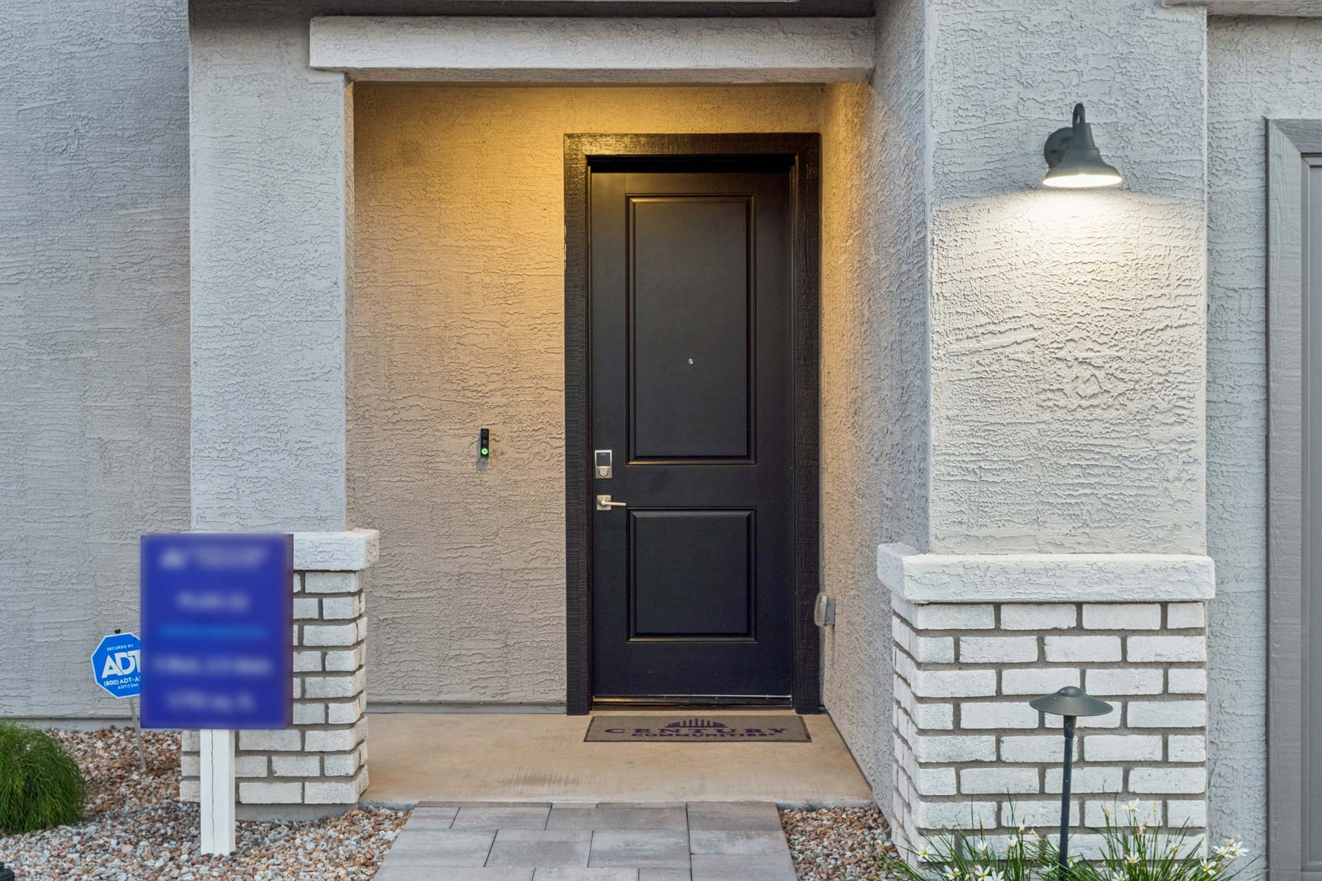 A building with a black door.