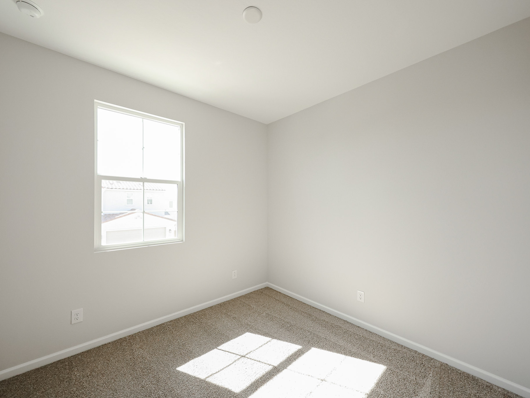 A room with a window and a rug.