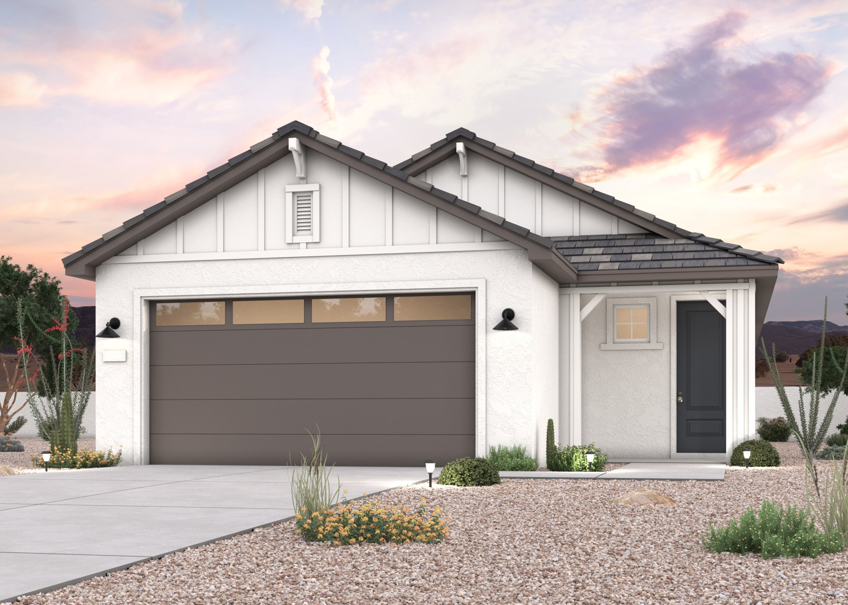 A twilight rendering of a single-story new home with amenities in Buckeye, AZ at Manzanita at Teravalis by Century Communities.