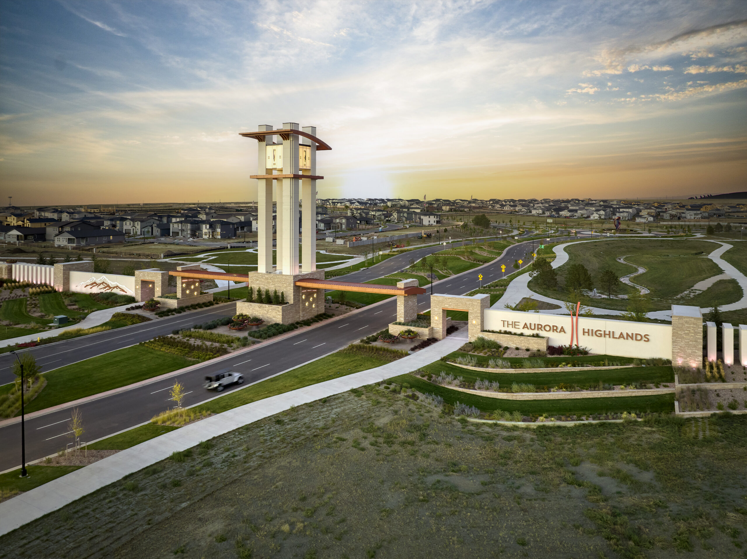 A large white tower in a city.