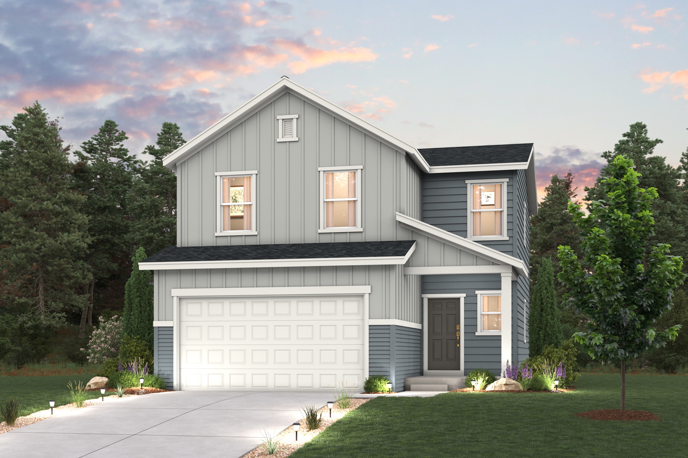 Cypress Floorplan home render with landscaping for Coyote Creek Elevation A 