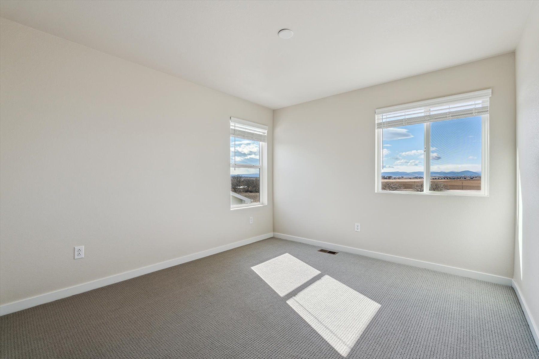 A room with a window and a rug.