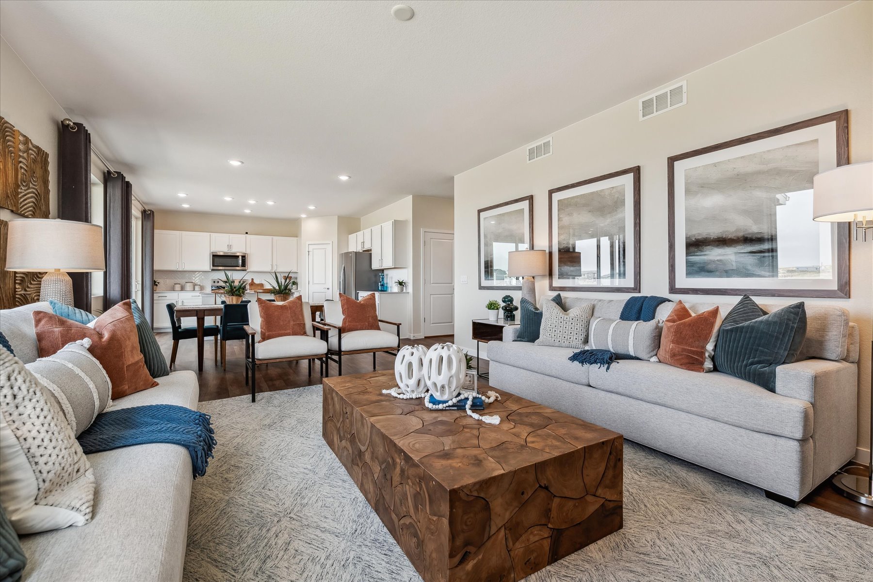 A living room with a couch and a coffee table.