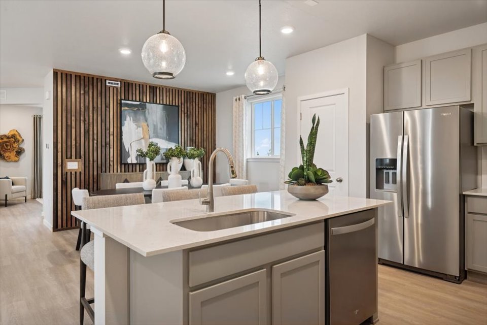 A kitchen with a large island.