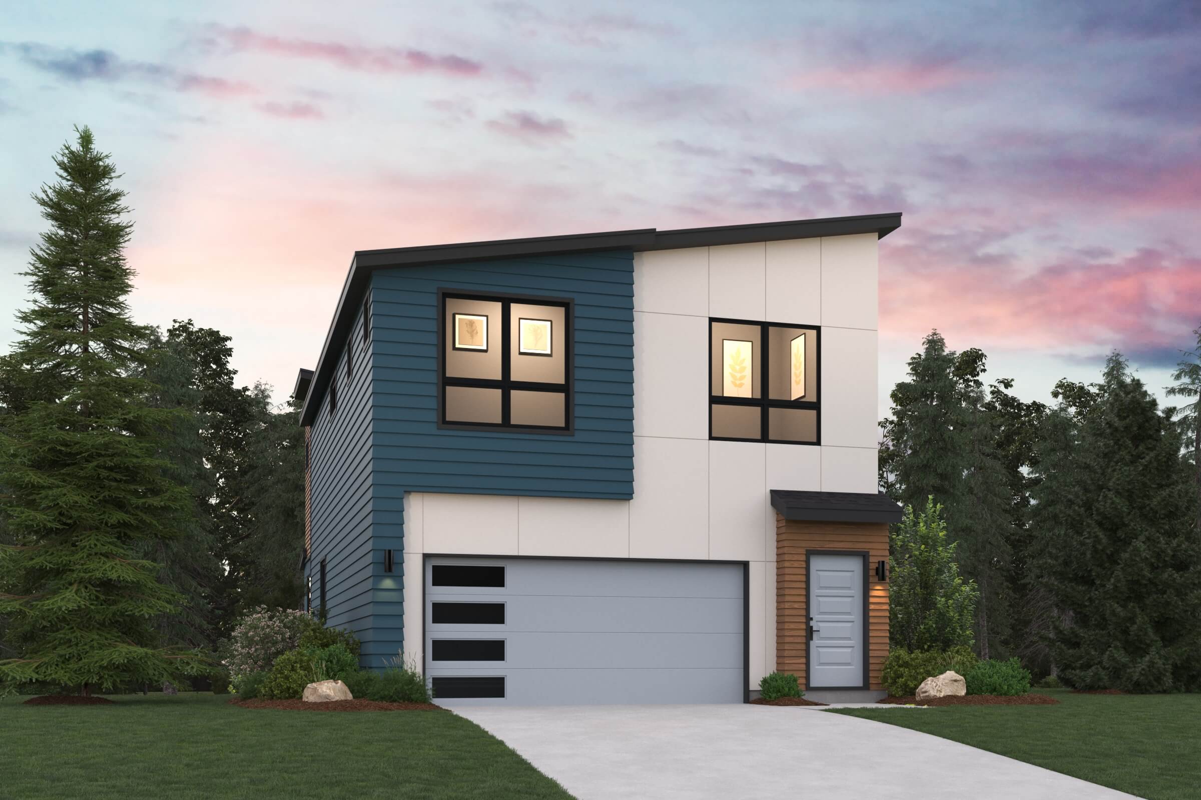 A house with a garage and trees.