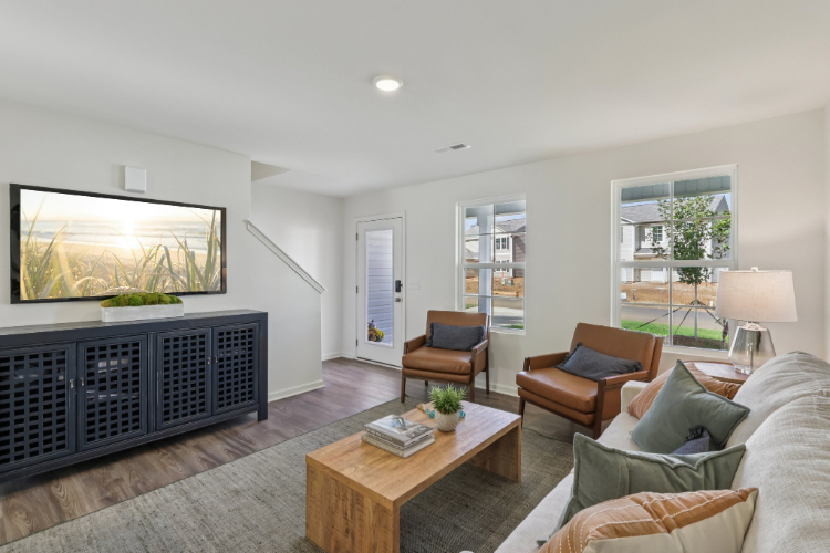 A living room with a fireplace.