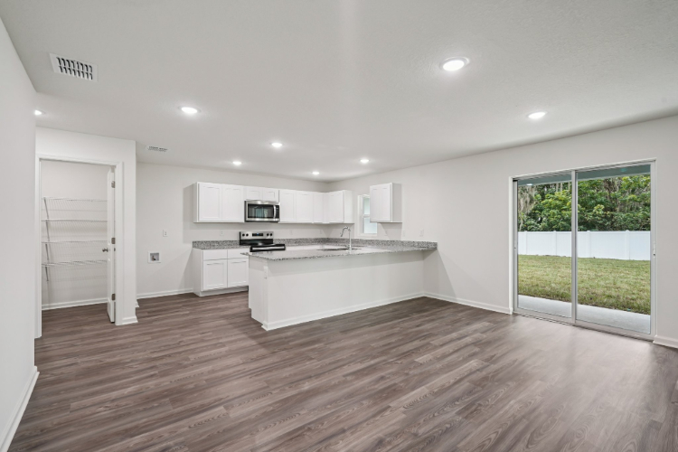 A kitchen with white cabinets.