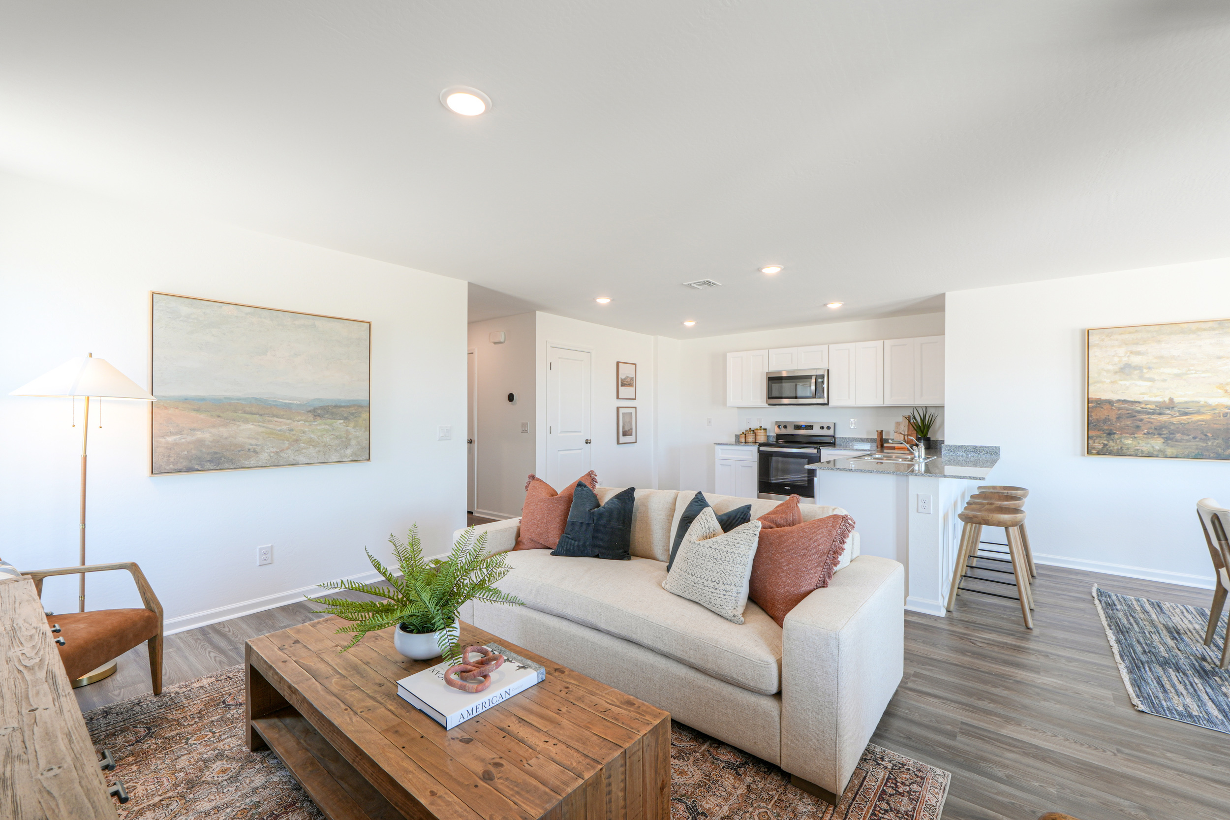 A living room with a couch and a coffee table.