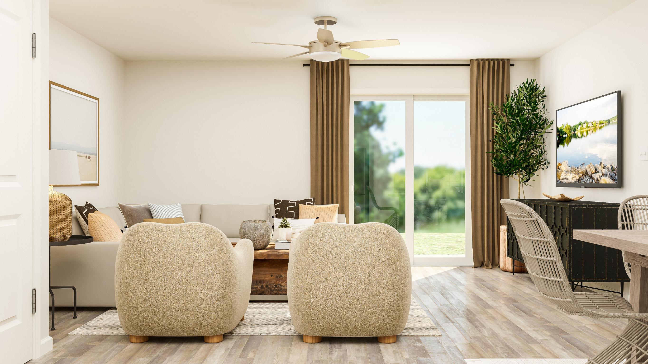 A living room with a large window.