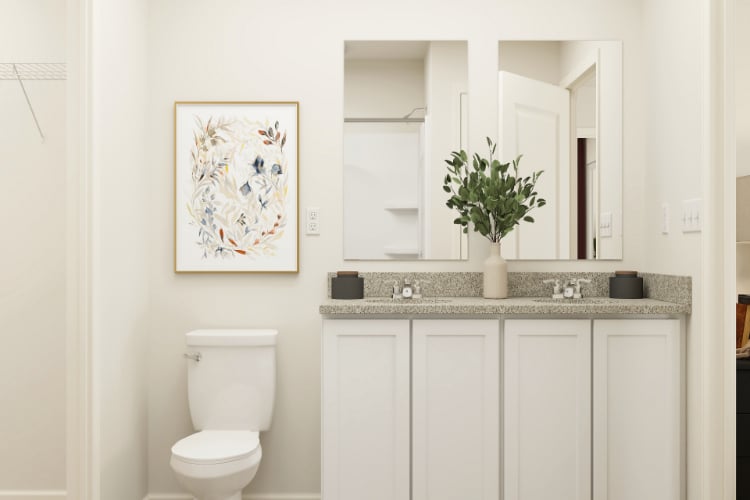 A bathroom with a plant on the counter.
